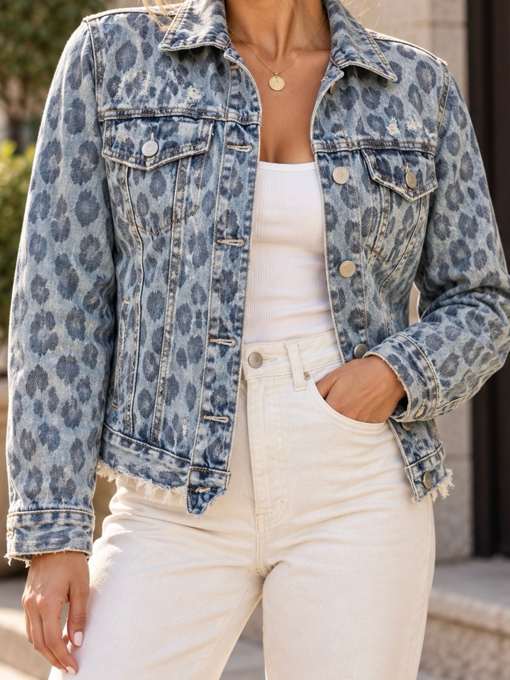 BLANKNYC Blue Leopard Animal Print Distressed Denim Jacket Sz S